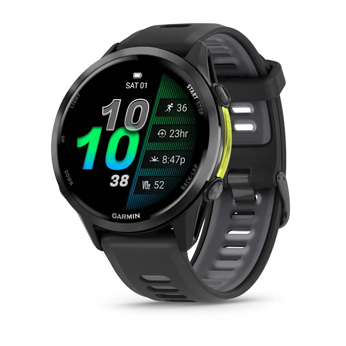 Garmin Forerunner 970 in Black with Black/Translucent Whitestone silicone band, angled watch face