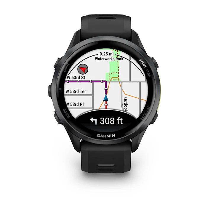 Garmin Forerunner 970 in Black with Black/Translucent Whitestone silicone band, front navigation-map display