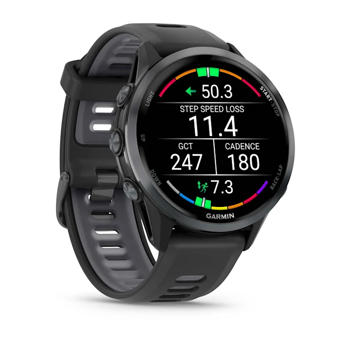 Garmin Forerunner 970 in Black with Black/Translucent Whitestone silicone band, angled running-metrics display