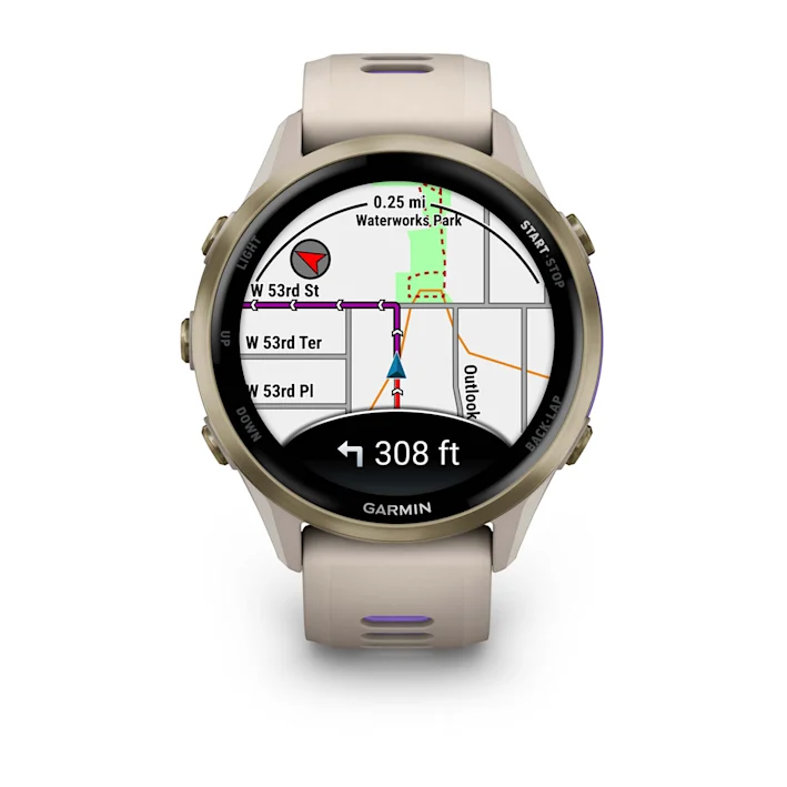 Garmin Forerunner 970 in French Gray with French Gray/Translucent Indigo silicone band, front navigation-map display