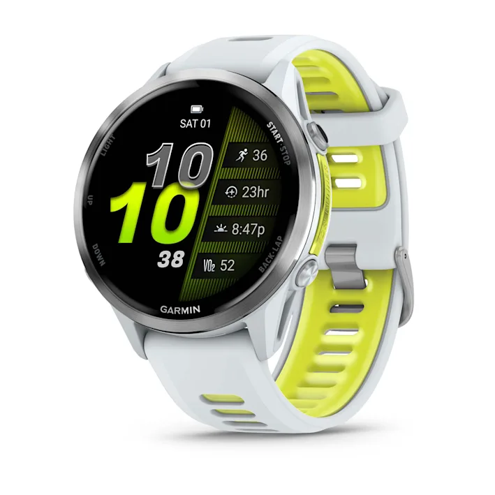 Garmin Forerunner 970 in Whitestone with Whitestone/Translucent Amp Yellow silicone band, angled watch face
