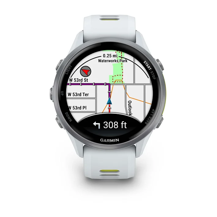 Garmin Forerunner 970 in Whitestone with Whitestone/Translucent Amp Yellow silicone band, front navigation-map display