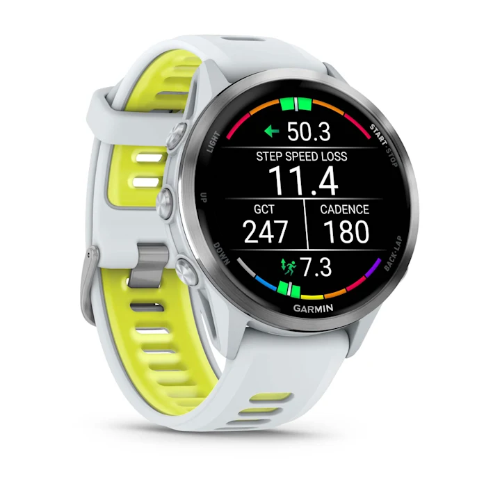 Garmin Forerunner 970 in Whitestone with Whitestone/Translucent Amp Yellow silicone band, angled running-metrics display