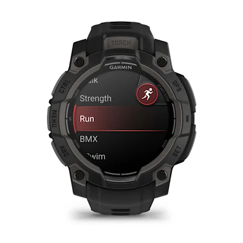Garmin Instinct 3 45mm AMOLED, Black finish with Black silicone band, activity selection display