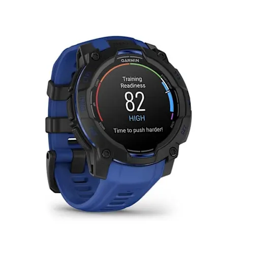 Garmin Instinct 3 45mm AMOLED, Black finish with Bolt Blue/Black silicone band, angled watch display