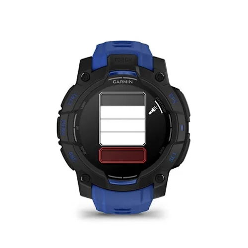 Garmin Instinct 3 45mm AMOLED, Black finish with Bolt Blue/Black silicone band, flashlight brightness control display
