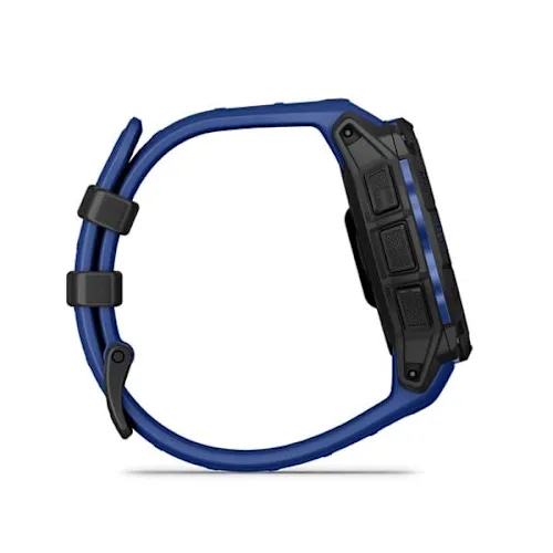 Garmin Instinct 3 45mm AMOLED, Black finish with Bolt Blue/Black silicone band, side profile and silicone band