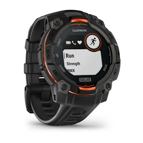 Garmin Instinct 3 45mm Solar, Black finish with Black silicone band, alternate angled display detail