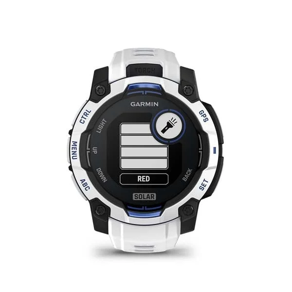 Garmin Instinct 3 45mm Solar, Whitestone finish with Whitestone/Bolt Blue silicone band, flashlight brightness control display