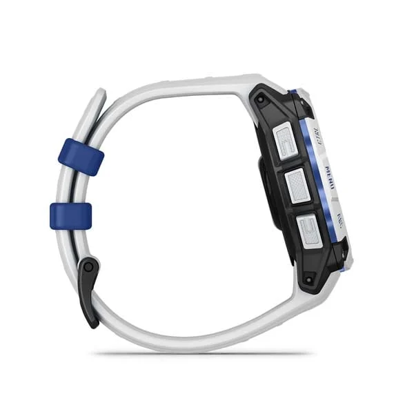 Garmin Instinct 3 45mm Solar, Whitestone finish with Whitestone/Bolt Blue silicone band, side profile and silicone band