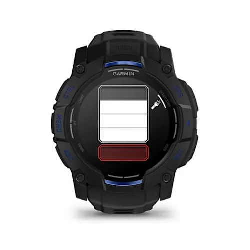 Garmin Instinct 3 50mm AMOLED, Black finish with Black/Bolt Blue silicone band, flashlight brightness control display