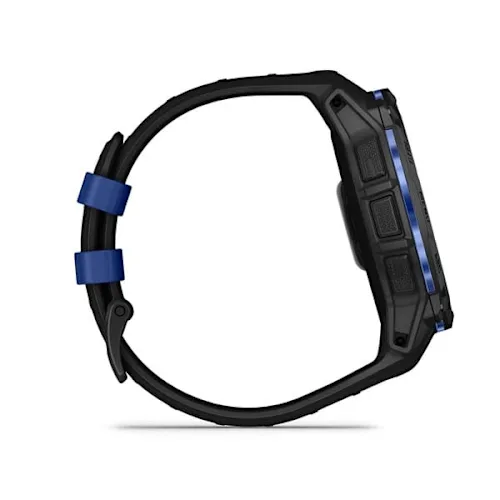Garmin Instinct 3 50mm AMOLED, Black finish with Black/Bolt Blue silicone band, side profile and silicone band