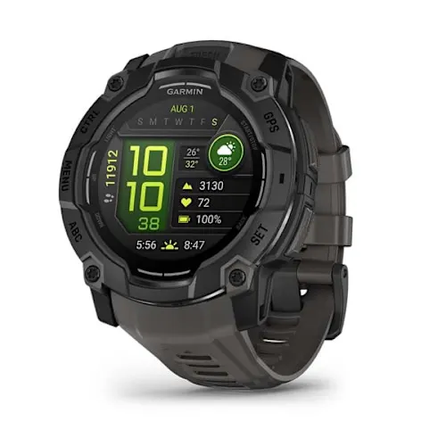 Garmin Instinct 3 50mm AMOLED, Black finish with Charcoal silicone band, angled watch display