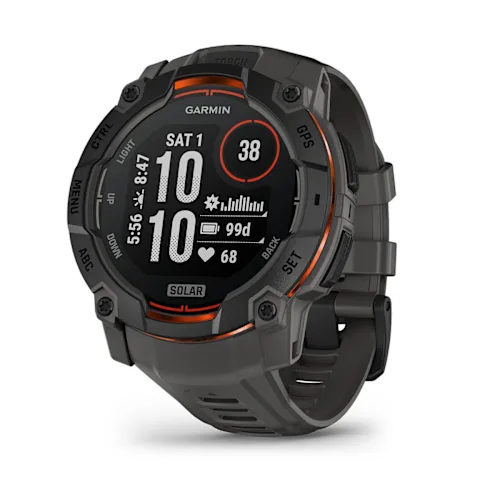 Garmin Instinct 3 50mm Solar, Black finish with Charcoal silicone band, angled watch display