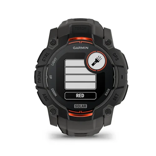 Garmin Instinct 3 50mm Solar, Black finish with Charcoal silicone band, flashlight brightness control display
