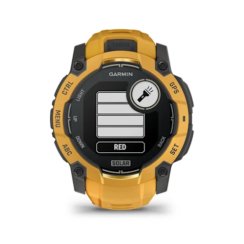 Garmin Instinct 3 50mm Solar, Sunburst finish with Sunburst/Gray silicone band, flashlight brightness control display