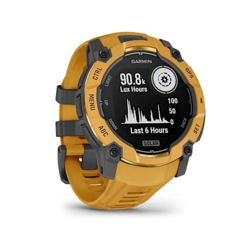 Garmin Instinct 3 50mm Solar, Sunburst finish with Sunburst/Gray silicone band, alternate angled display detail