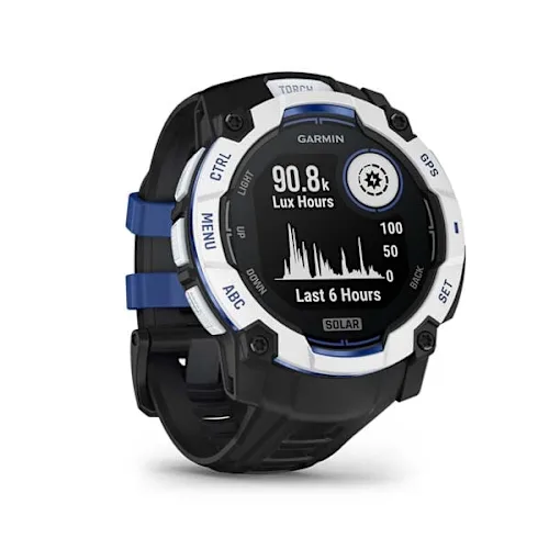 Garmin Instinct 3 50mm Solar, Whitestone finish with Black/Bolt Blue silicone band, angled watch display