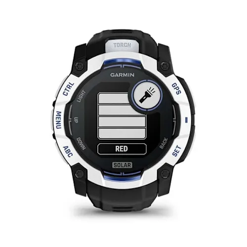 Garmin Instinct 3 50mm Solar, Whitestone finish with Black/Bolt Blue silicone band, flashlight brightness control display