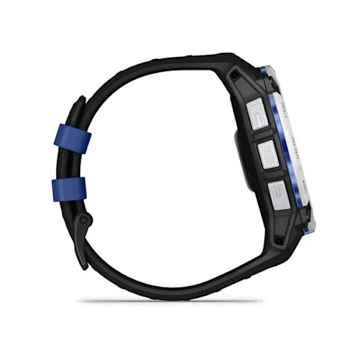 Garmin Instinct 3 50mm Solar, Whitestone finish with Black/Bolt Blue silicone band, side profile and silicone band