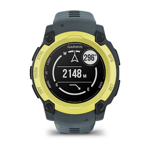 Garmin Instinct E 40mm with Electric Lime finish and Twilight silicone band, front compass and altimeter display