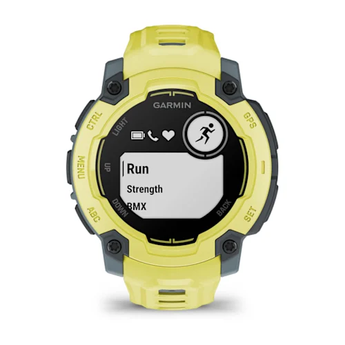 Garmin Instinct E 45mm with Electric Lime finish and Electric Lime silicone band, opposite angled activity menu