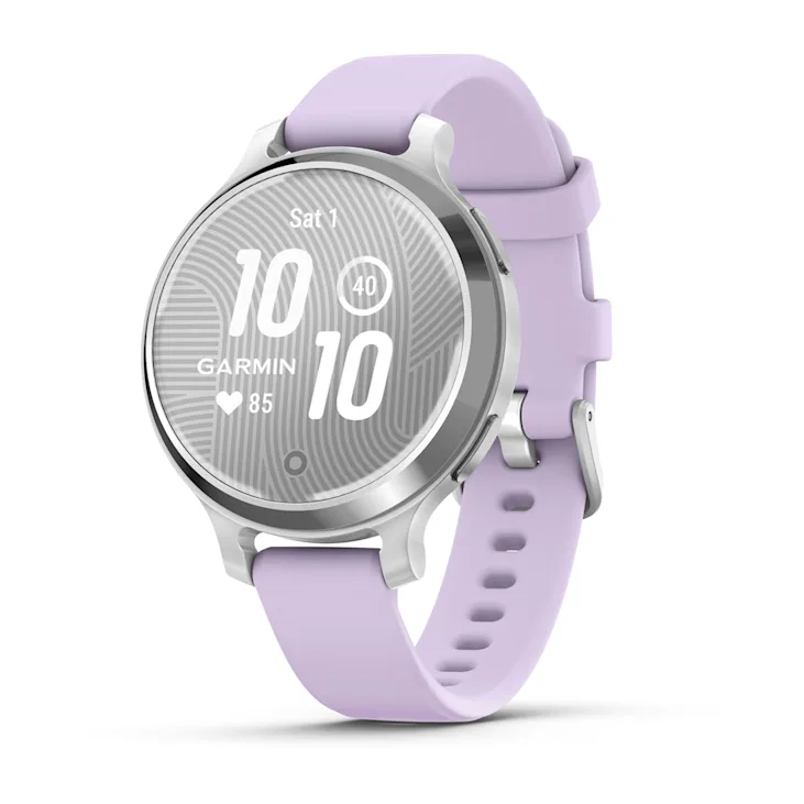 Garmin Lily 2 Active with Silver case and Purple Jasmine silicone band, angled watch face
