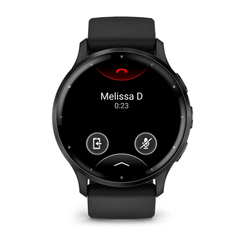 Garmin Venu 3 in Black with matching silicone band, front paired-phone call display