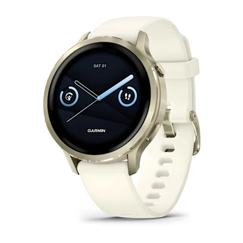 Garmin Venu 4 41mm with Lunar Gold finish and Bone silicone band, angled watch face