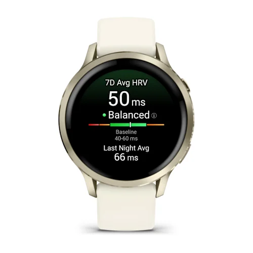 Garmin Venu 4 41mm with Lunar Gold finish and Bone silicone band, front HRV status display