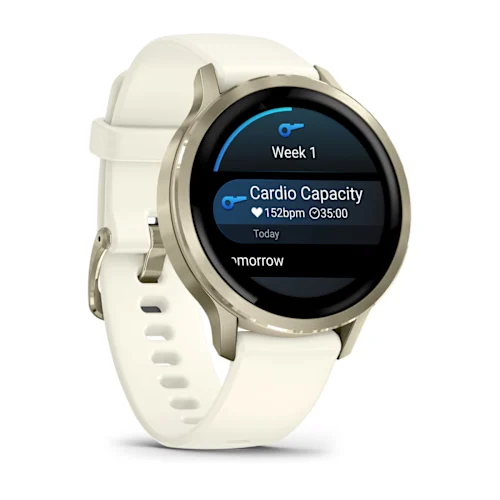 Garmin Venu 4 41mm with Lunar Gold finish and Bone silicone band, opposite angled workout schedule display