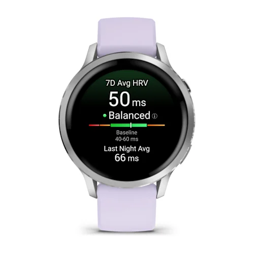 Garmin Venu 4 41mm with Silver finish and Periwinkle silicone band, front HRV status display