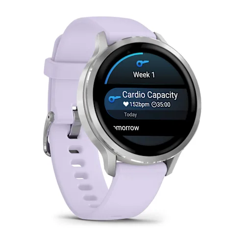 Garmin Venu 4 41mm with Silver finish and Periwinkle silicone band, opposite angled workout schedule display