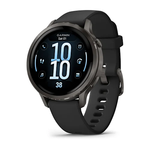 Garmin Venu 4 41mm with Slate finish and Black silicone band, angled watch face
