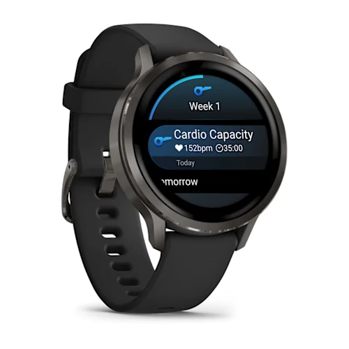 Garmin Venu 4 41mm with Slate finish and Black silicone band, opposite angled workout schedule display