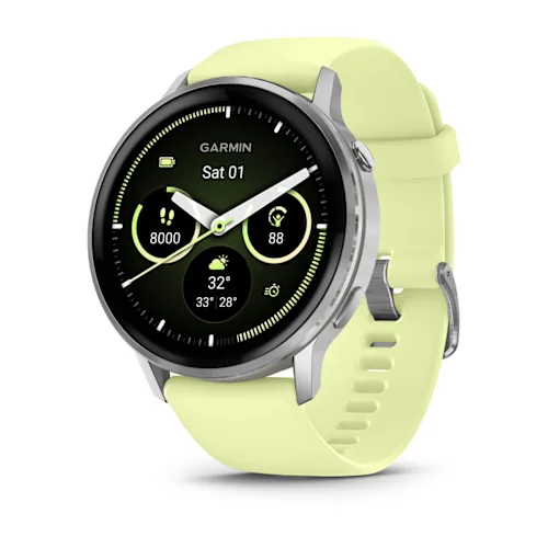 Garmin Venu 4 45mm with Silver finish and Citron silicone band, angled watch face