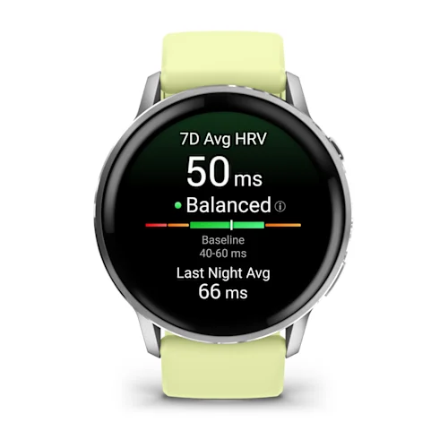 Garmin Venu 4 45mm with Silver finish and Citron silicone band, front HRV status display