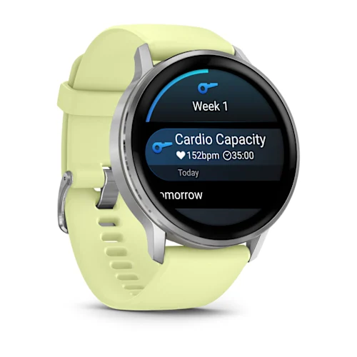 Garmin Venu 4 45mm with Silver finish and Citron silicone band, opposite angled workout schedule display