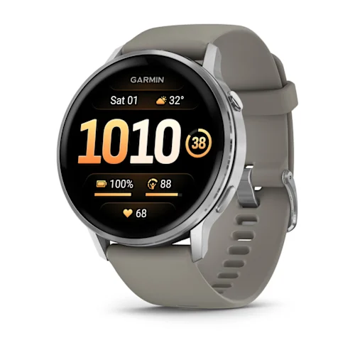 Garmin Venu 4 45mm with Silver finish and Silver Gray silicone band, angled watch face