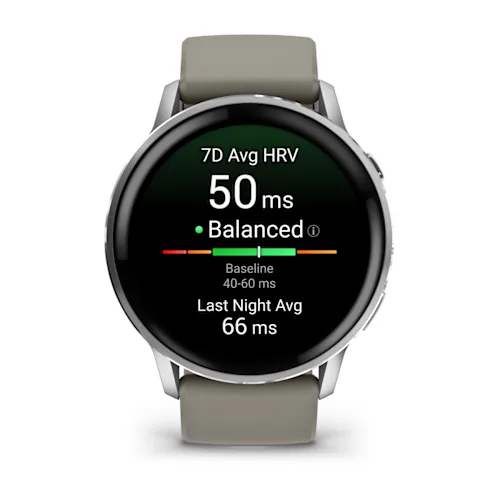 Garmin Venu 4 45mm with Silver finish and Silver Gray silicone band, front HRV status display
