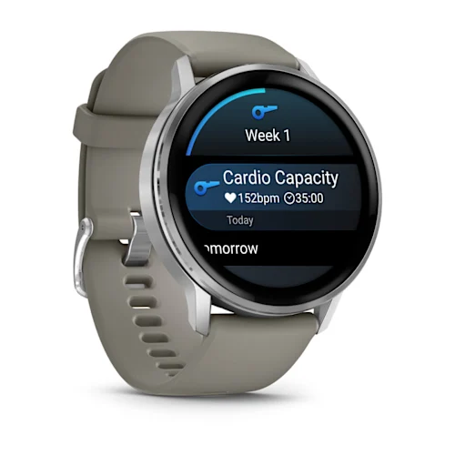 Garmin Venu 4 45mm with Silver finish and Silver Gray silicone band, opposite angled workout schedule display
