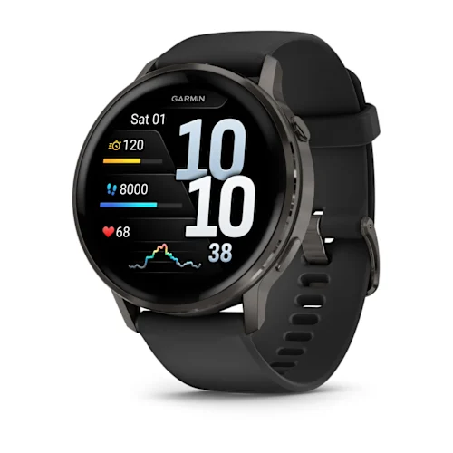 Garmin Venu 4 45mm with Slate finish and Black silicone band, angled watch face