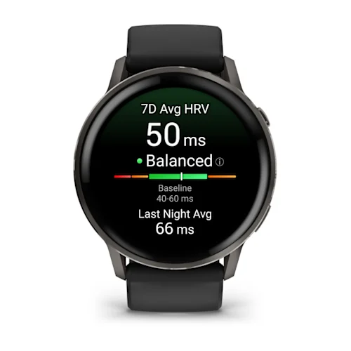 Garmin Venu 4 45mm with Slate finish and Black silicone band, front HRV status display