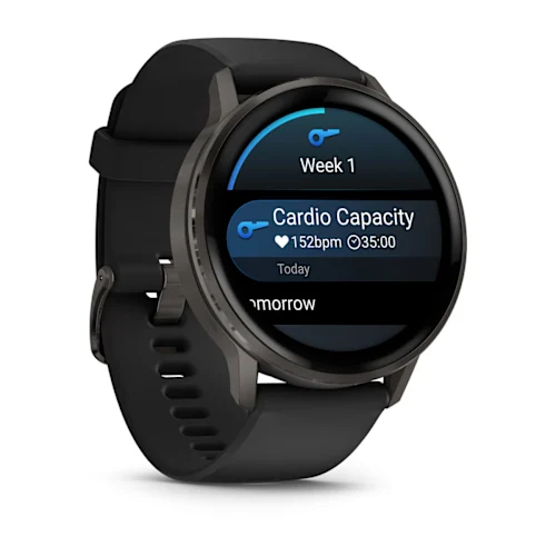 Garmin Venu 4 45mm with Slate finish and Black silicone band, opposite angled workout schedule display