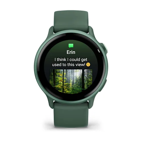 Garmin vívoactive 6 with Jasper Green finish and Jasper Green silicone band, front text-notification display