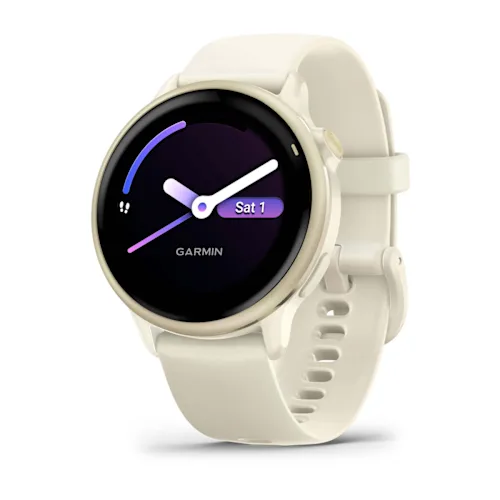 Garmin vívoactive 6 with Lunar Gold finish and Bone silicone band, angled watch face