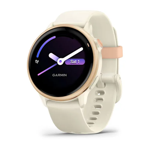 Garmin vívoactive 6 with Pink Dawn finish and Bone silicone band, angled watch face