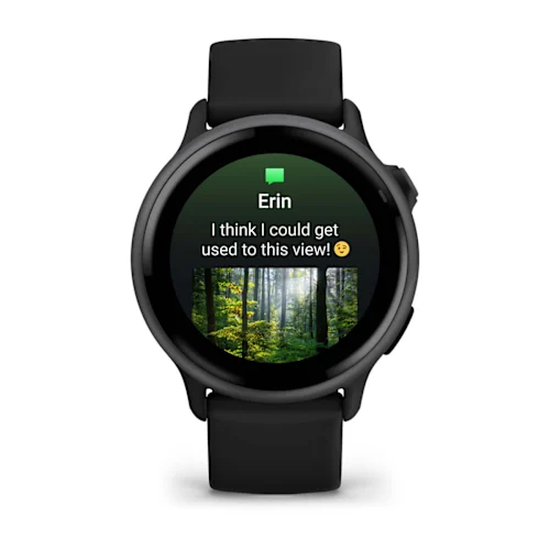 Garmin vívoactive 6 with Slate finish and Black silicone band, front text-notification display