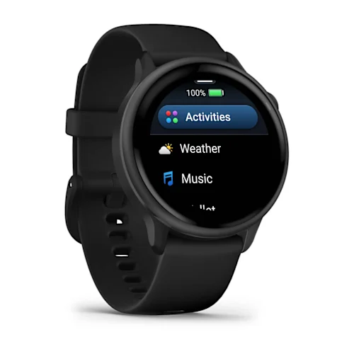 Garmin vívoactive 6 with Slate finish and Black silicone band, opposite angled app-menu display