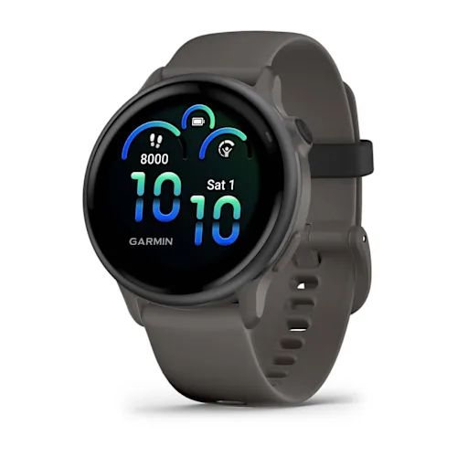 Garmin vívoactive 6 with Slate finish and Pebble Gray silicone band, angled watch face
